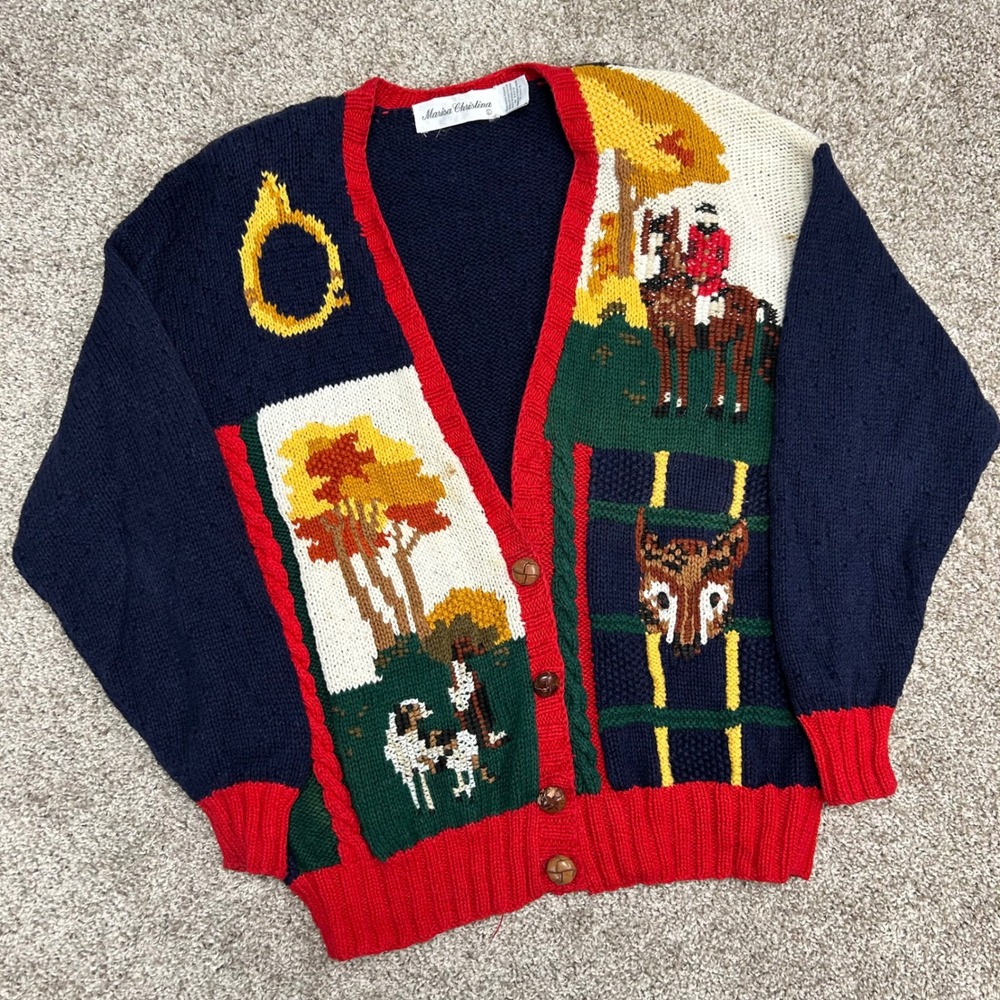 Vintage Marisa Christina Cardigan Sweater Fox Dogs Horse Hunting Women Medium
